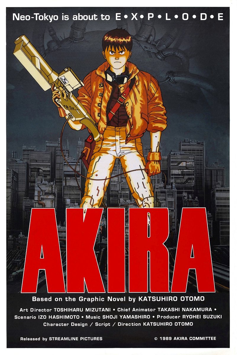 Akira poster features Kaneda in an orange jacket holding a futuristic rifle before a dark Neo-Tokyo skyline and red title text.