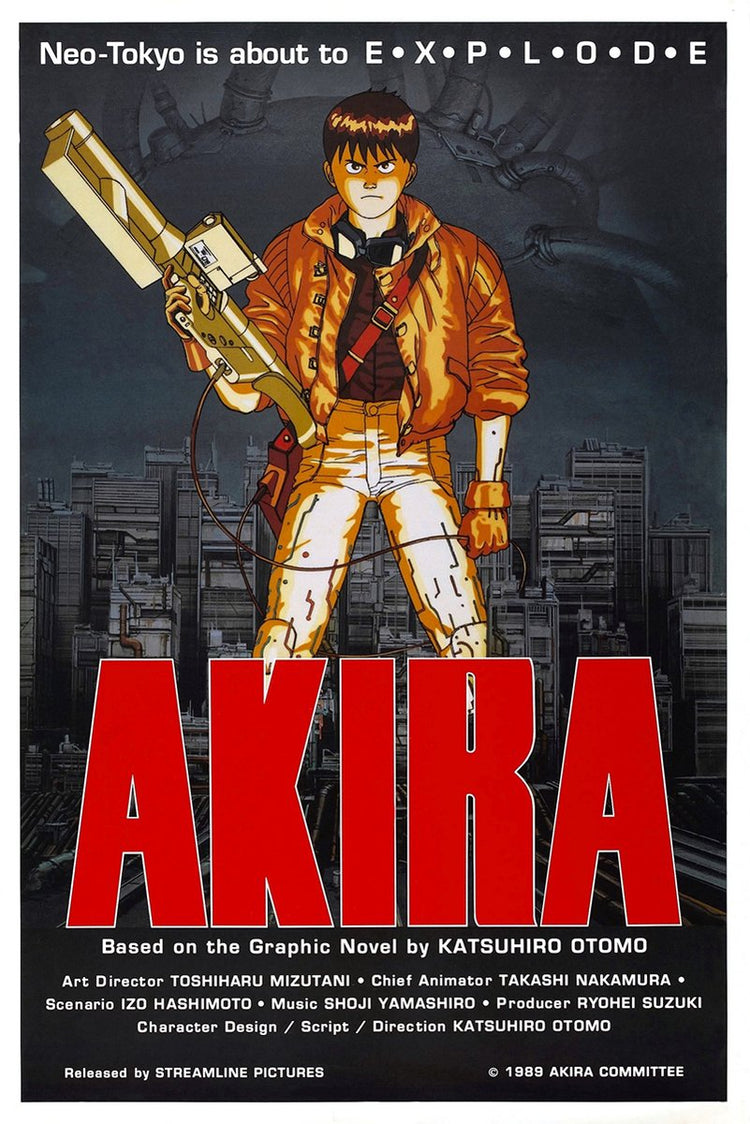 Akira poster features Kaneda in an orange jacket holding a futuristic rifle before a dark Neo-Tokyo skyline and red title text.