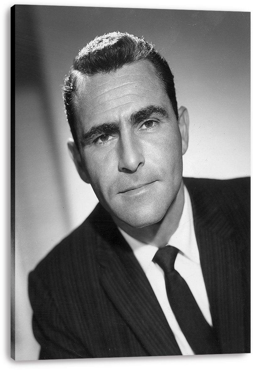 Karl Malden canvas wall art print presents a grayscale portrait of the actor in a suit, with the canvas edges visibly wrapped.