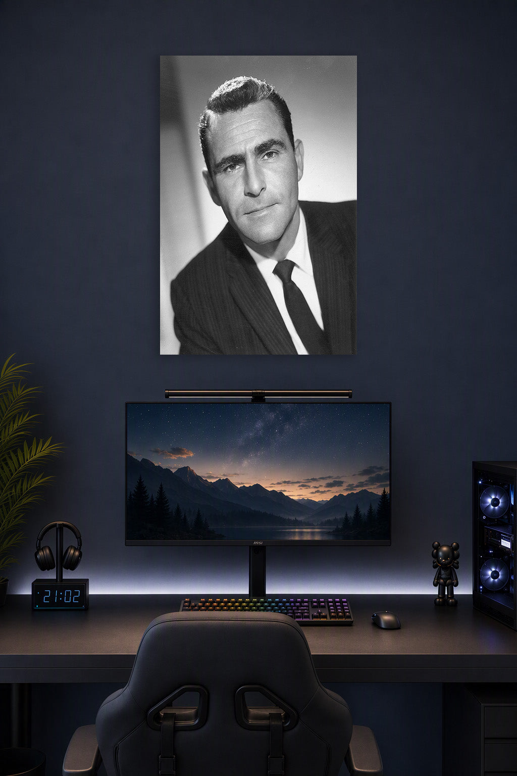 Karl Malden in a gaming desk setup above a monitor.