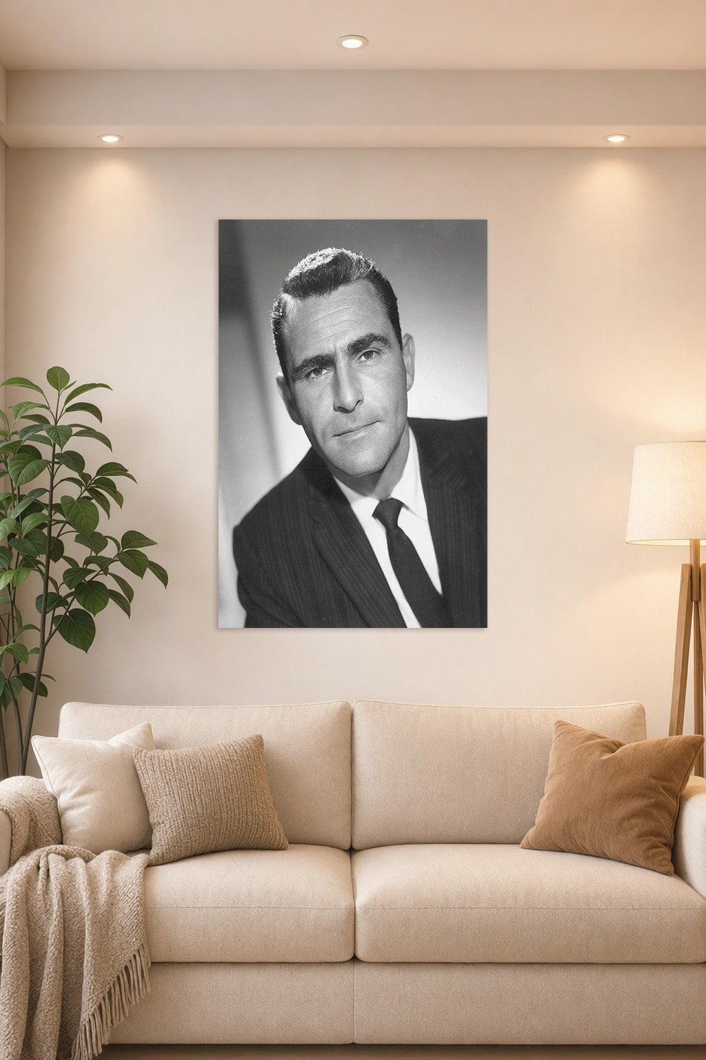 Karl Malden in a bright living room above a beige sofa.
