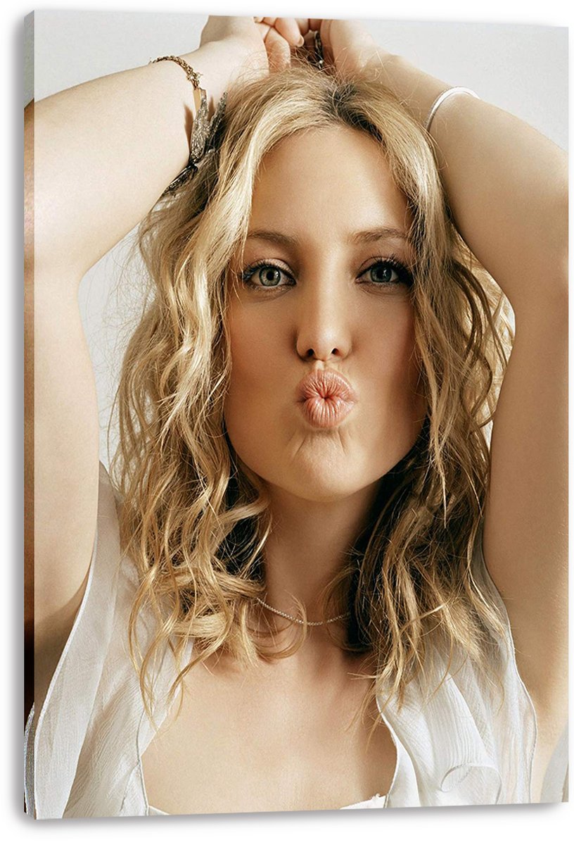 Kate Hudson canvas wall art print featuring a close-up blonde portrait with her hands above her head and a playful kissy expression.
