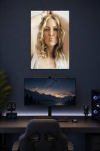 Kate Hudson in a gaming desk setup above a monitor.