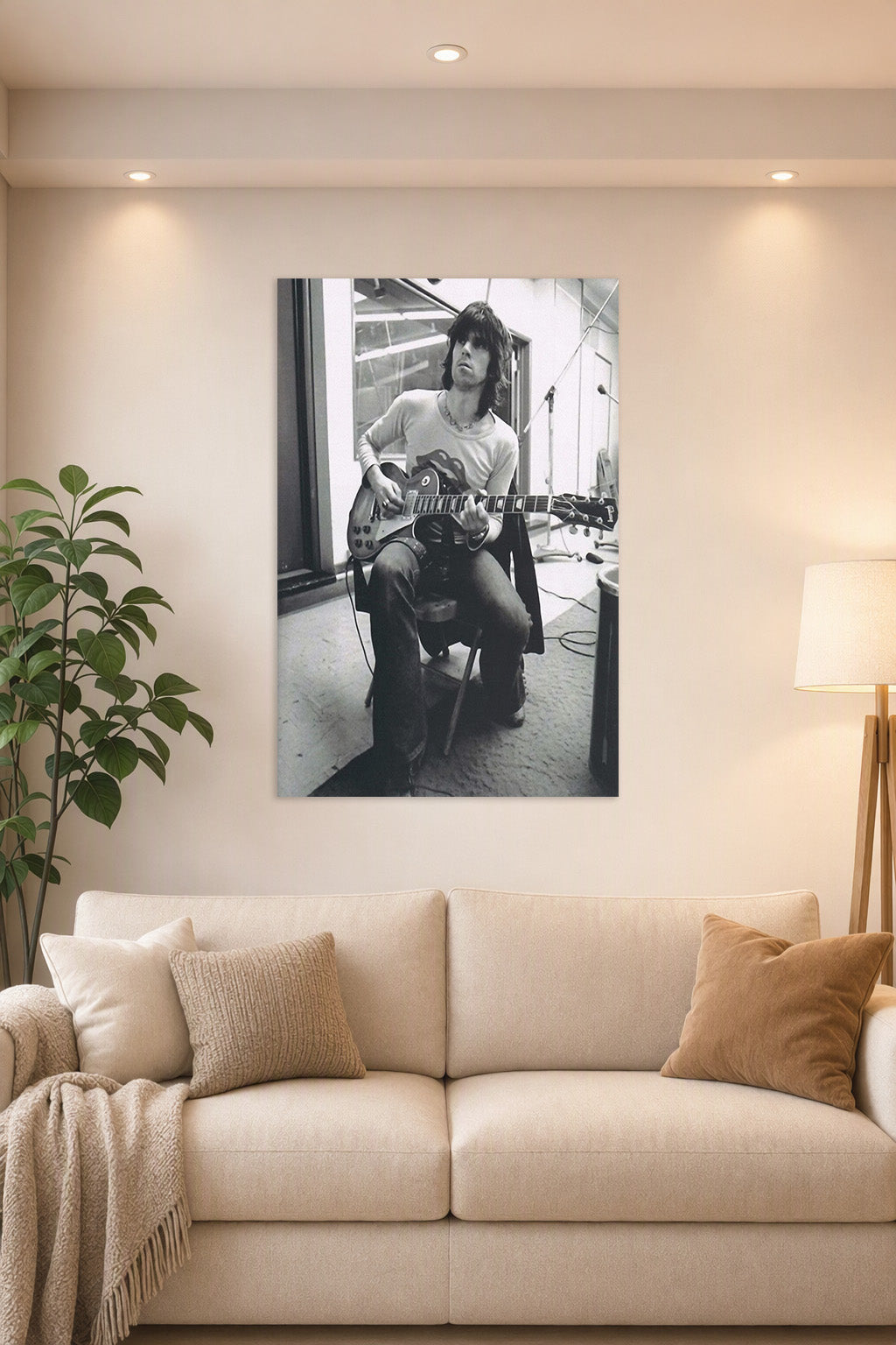 Keith Richards Rock Legend in a bright living room above a beige sofa.