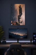 Kendrick Lamar in a gaming desk setup above a monitor.