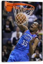 Kevin Durant canvas wall art print features the Oklahoma City number 35 player finishing a powerful dunk at the orange hoop.