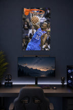 Kevin Durant Slam Dunk in a gaming desk setup above a monitor.