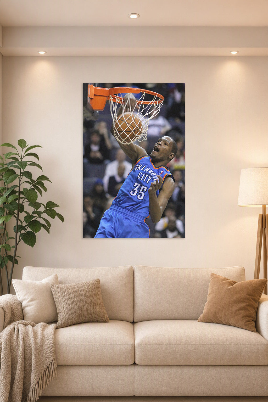 Kevin Durant Slam Dunk in a bright living room above a beige sofa.