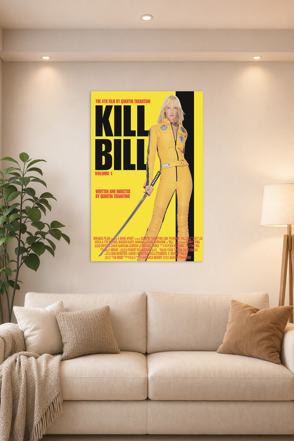 Kill Bill Beatrix Kiddo Uma Thurman in a bright living room above a beige sofa.