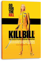 Kill Bill canvas wall art print displaying The Bride in a yellow tracksuit with sword, bold black title text, and yellow background.
