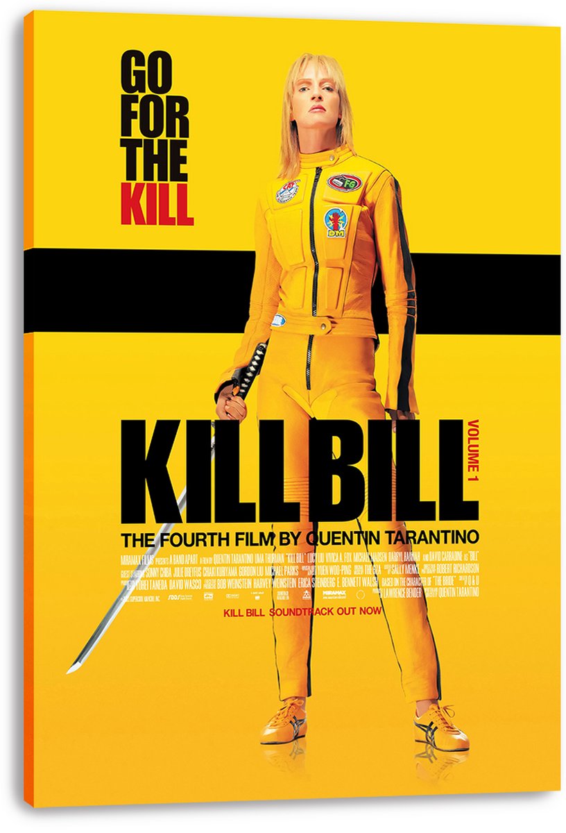 Kill Bill canvas wall art print displaying The Bride in a yellow tracksuit with sword, bold black title text, and yellow background.