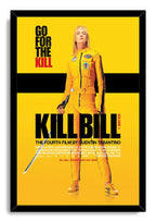 Framed Kill Bill wall art print featuring The Bride in yellow holding a sword, with black border, black stripe, and title text.