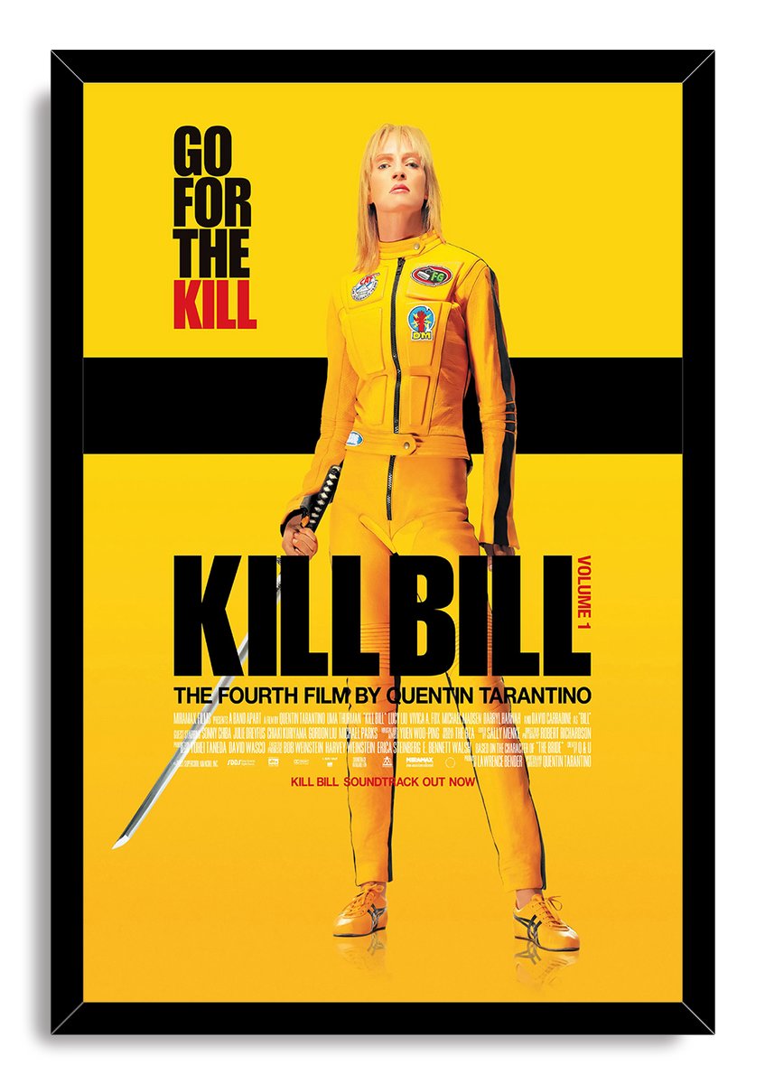 Framed Kill Bill wall art print featuring The Bride in yellow holding a sword, with black border, black stripe, and title text.