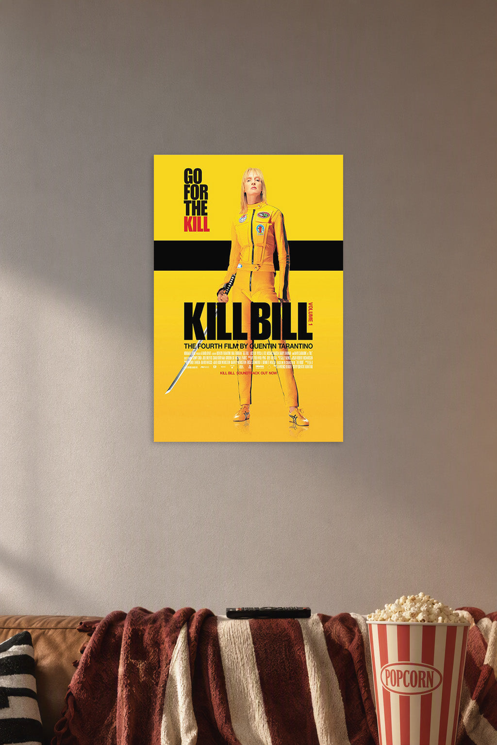 Kill Bill The Bride in a cozy movie room above a brown sofa with popcorn.