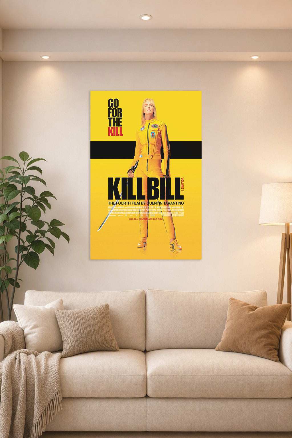 Kill Bill The Bride in a bright living room above a beige sofa.