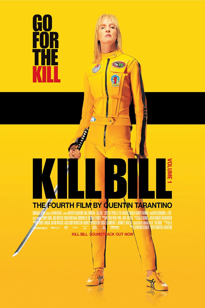Kill Bill poster with The Bride in a yellow tracksuit holding a sword against a yellow field and black stripe.