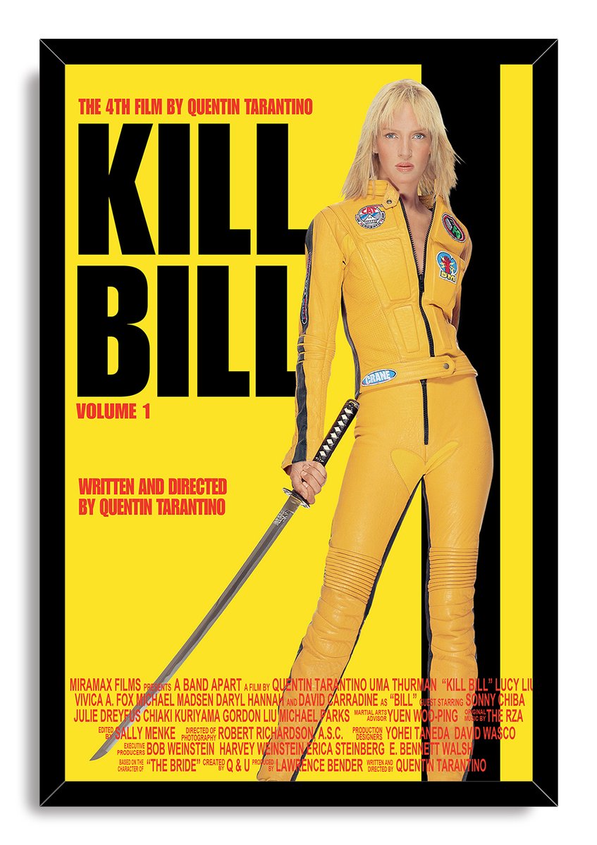 Kill Bill Volume 1 framed wall art print features Uma Thurman holding a katana in yellow, set against a vivid yellow field and black text.