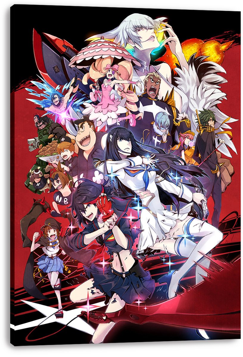 Kill la Kill canvas wall art print featuring Ryuko, Satsuki, and colorful ensemble characters in an action-packed red scene.