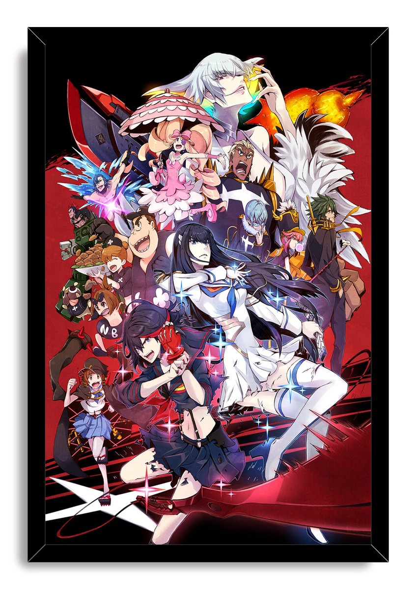 Kill la Kill framed wall art print with Ryuko and Satsuki amid a large cast, bright sparks, flames, and red graphics.