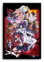 Kill la Kill framed wall art print with Ryuko and Satsuki amid a large cast, bright sparks, flames, and red graphics.