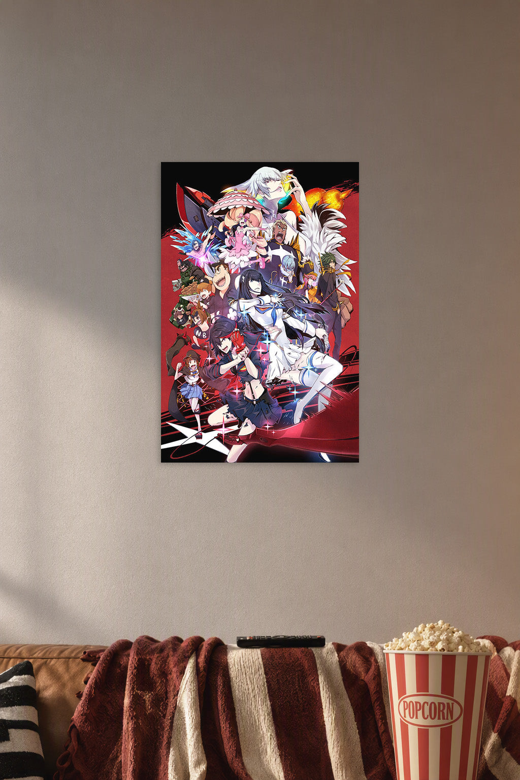 Kill la Kill Anime Characters in a cozy movie room above a brown sofa with popcorn.