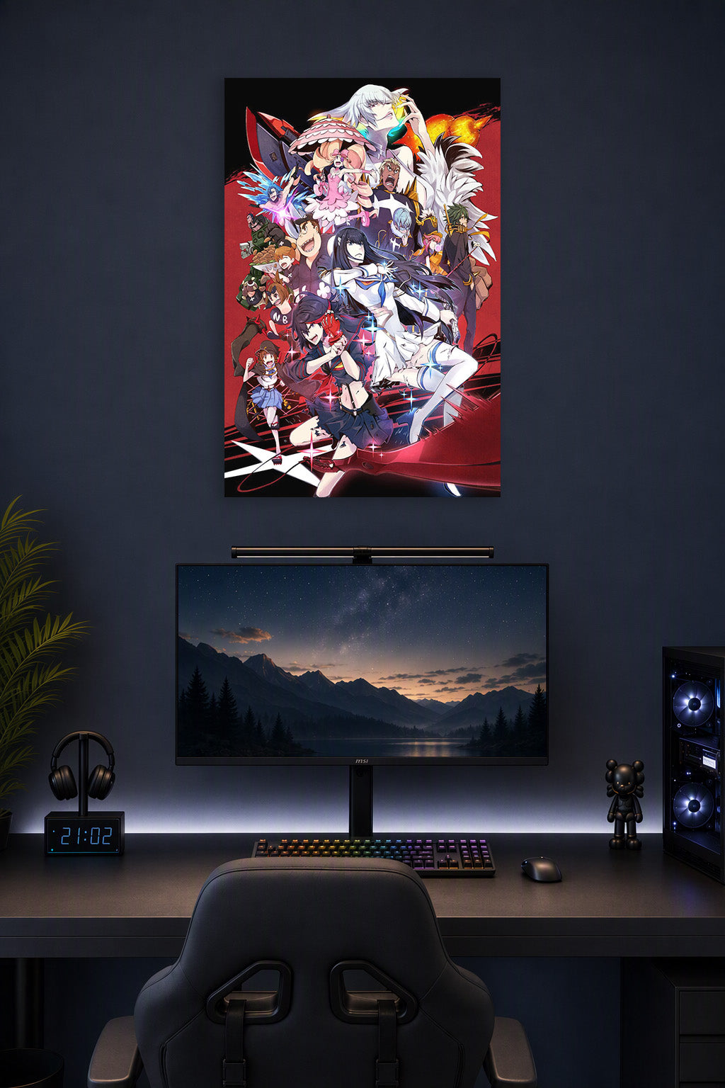 Kill la Kill Anime Characters in a gaming desk setup above a monitor.