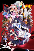 Kill la Kill anime poster collage with Ryuko Matoi, Satsuki Kiryuin, and ensemble characters against red and black.