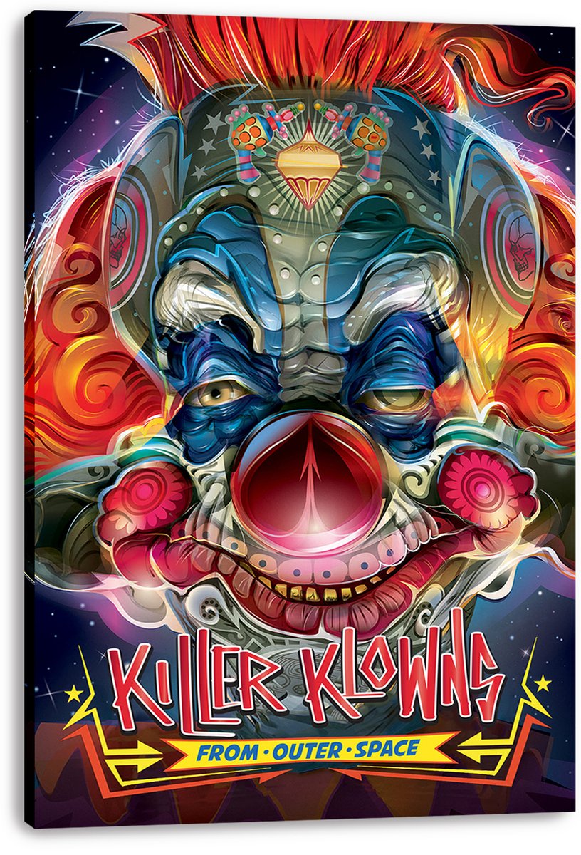 Killer Klowns From Outer Space canvas wall art print displays a sinister clown portrait with red hair, bright swirls, and title lettering.