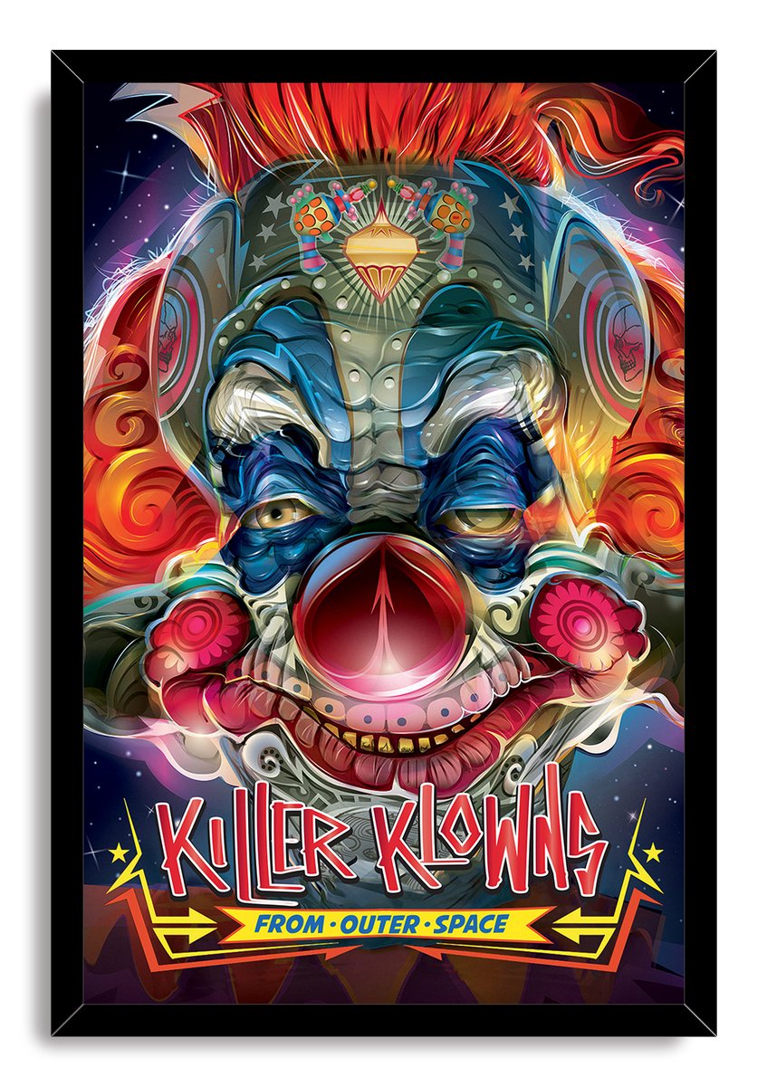 Killer Klowns From Outer Space framed wall art print presents a vivid alien clown face, starry space details, and bold red title text.
