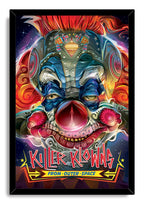 Killer Klowns From Outer Space framed wall art print presents a vivid alien clown face, starry space details, and bold red title text.