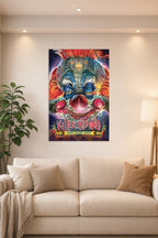 Killer Klowns From Outer Space in a bright living room above a beige sofa.