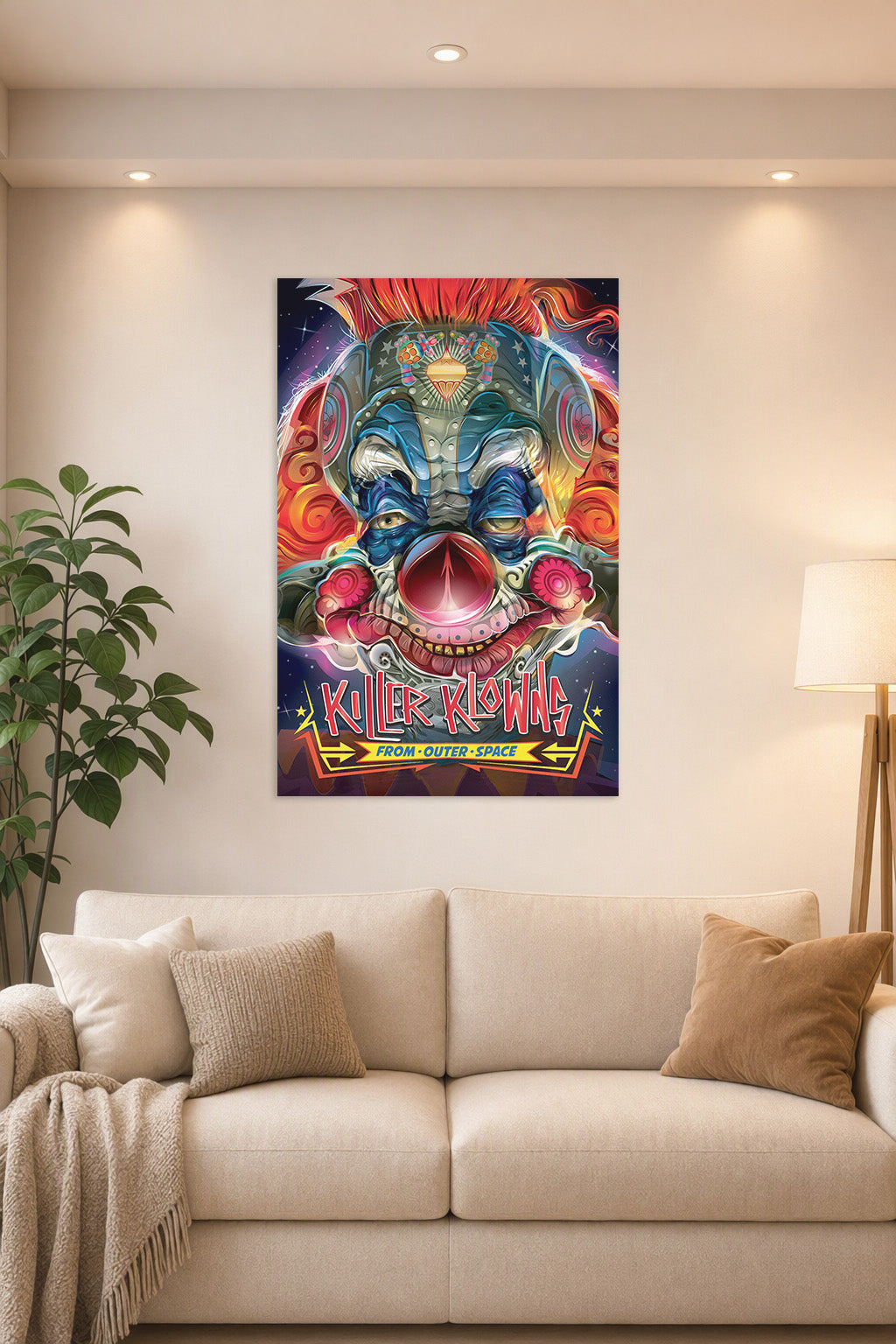 Killer Klowns From Outer Space in a bright living room above a beige sofa.