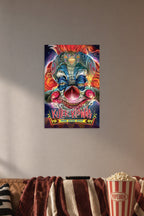Killer Klowns From Outer Space in a cozy movie room above a brown sofa with popcorn.