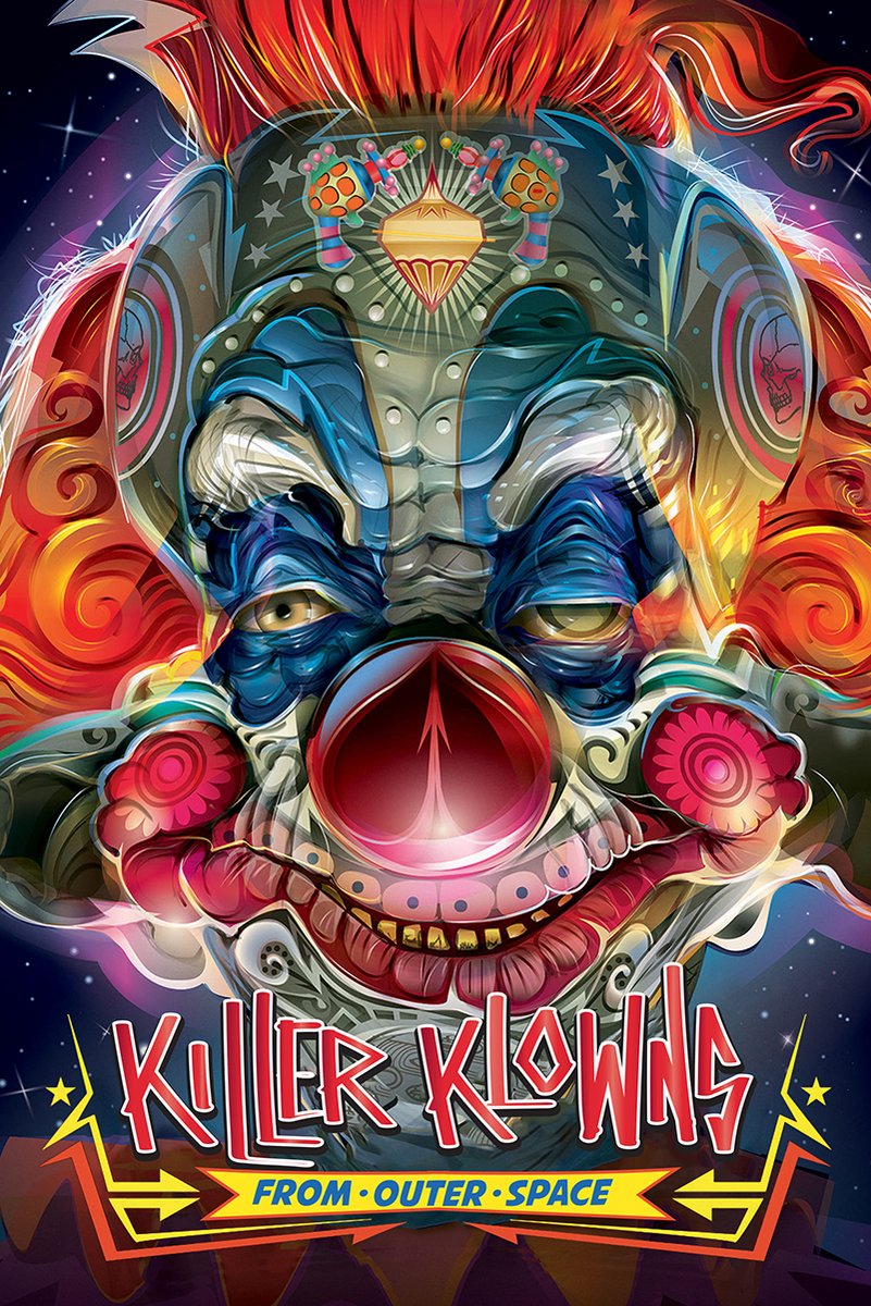 Killer Klowns From Outer Space poster features a snarling blue-faced clown with a red nose, fiery hair, and cosmic background.
