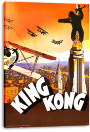 King Kong canvas wall art print displays the ape on the Empire State Building, surrounded by biplanes beneath an orange sky.