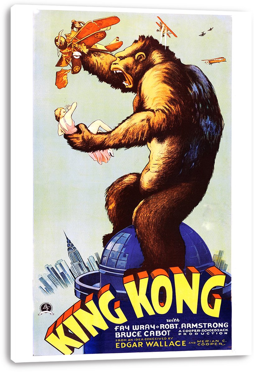 King Kong canvas wall art print displays a giant ape holding a woman as orange biplanes attack over blue city buildings.