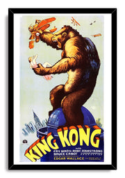 King Kong framed wall art print presents a roaring ape, a woman in his hand, and biplanes above the bold yellow title.