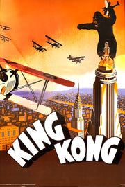 King Kong poster depicts the giant ape atop the Empire State Building as biplanes circle over an orange New York skyline.