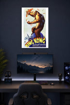 King Kong in a gaming desk setup above a monitor.