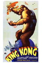 King Kong poster features the roaring giant ape holding a woman and swatting biplanes above a city skyline.