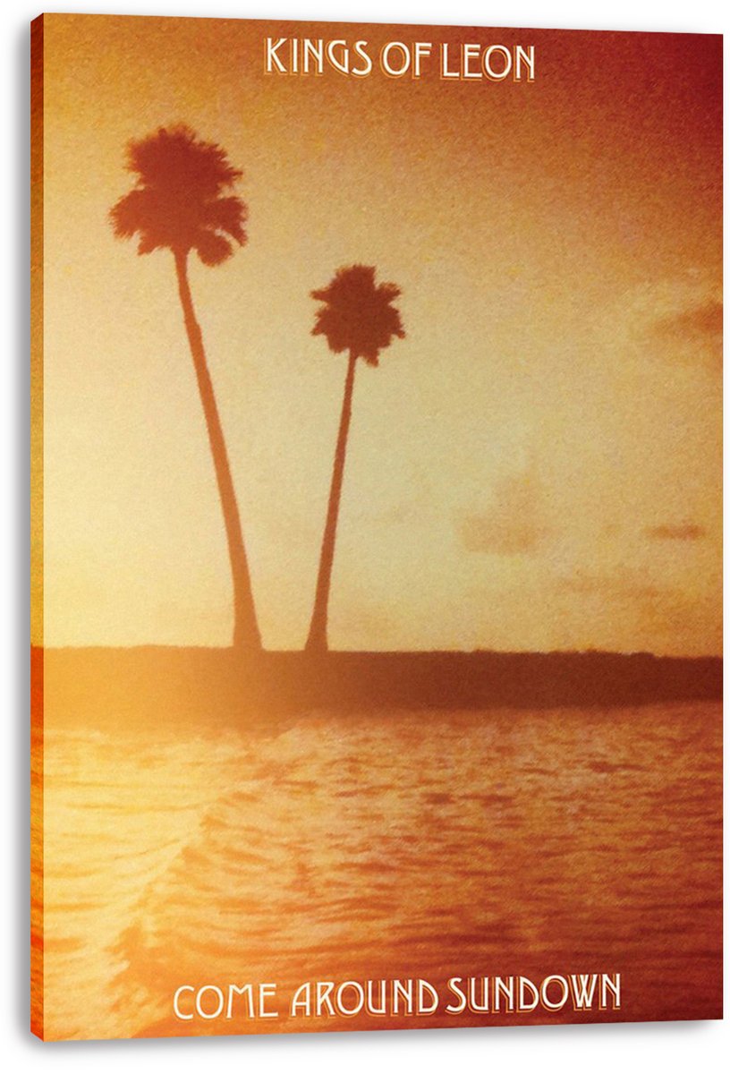 Kings of Leon Come Around Sundown canvas wall art print with silhouetted palms, a hazy golden sky, and sunlit water.
