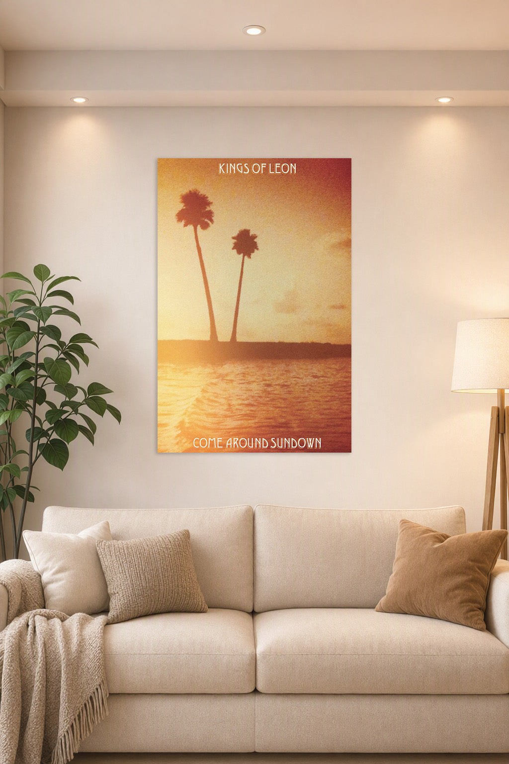 Kings of Leon Come Around Sundown Album Cover in a bright living room above a beige sofa.
