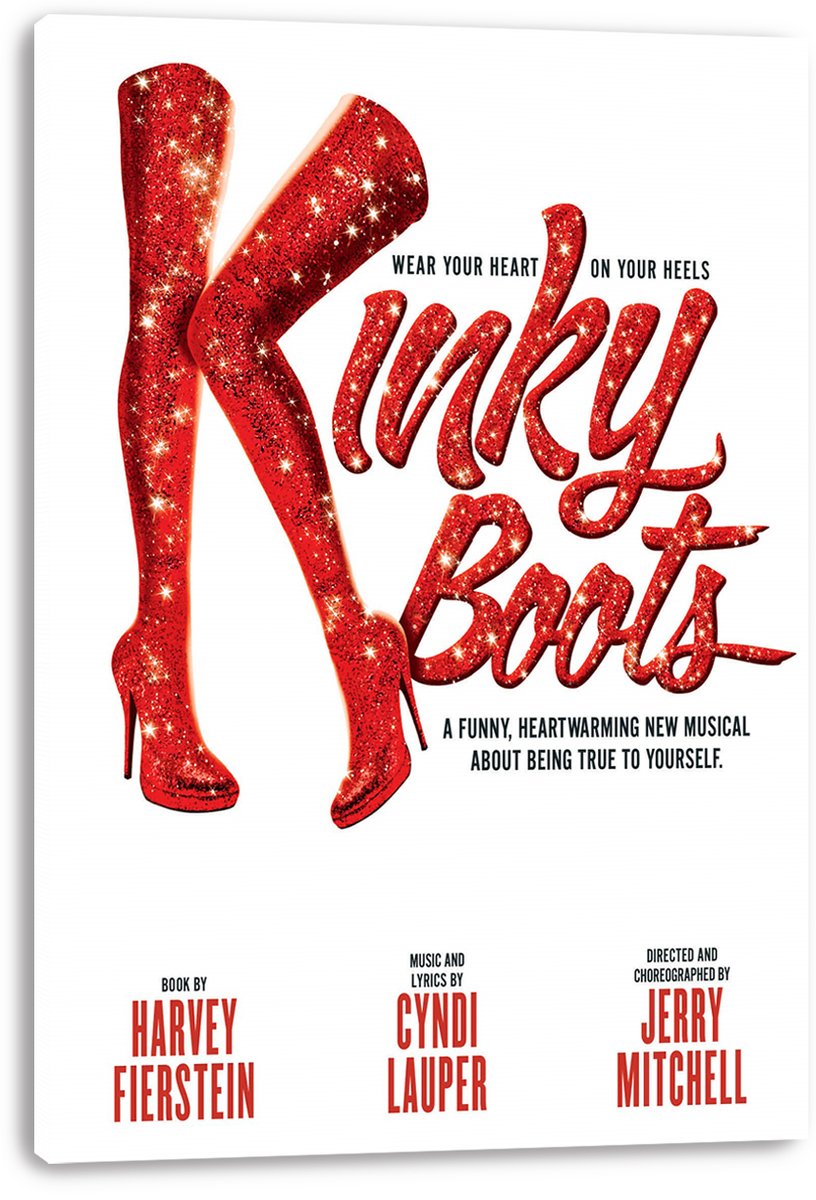Kinky Boots wall art print presented on a white canvas, featuring red glitter stiletto boots and bold red title typography.