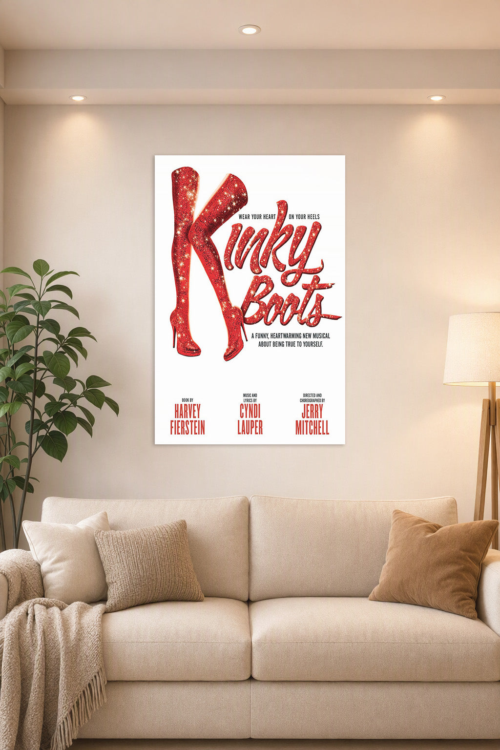 Kinky Boots Musical Red Boots in a bright living room above a beige sofa.