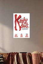 Kinky Boots Musical Red Boots in a cozy movie room above a brown sofa with popcorn.