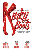 Kinky Boots musical poster with sparkling red thigh-high stiletto boots, glitter-style title lettering, and black text on white.