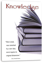 Knowledge canvas wall art print displays fanned book pages above stacked volumes and an inspirational learning quote.