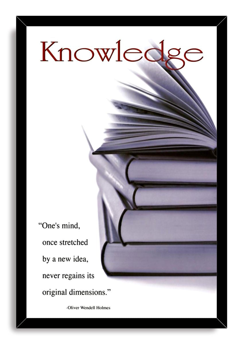 Knowledge framed wall art print with a black border, stacked books, open pages, and a quote by Oliver Wendell Holmes.