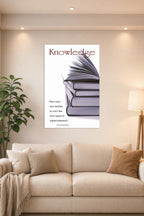 Knowledge and Wisdom Books Inspirational Quote in a bright living room above a beige sofa.