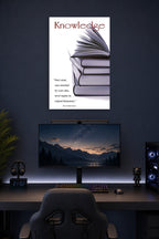 Knowledge and Wisdom Books Inspirational Quote in a gaming desk setup above a monitor.